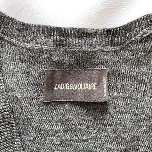 ZADIG & VOLTAIRE TRANE LC WOOL CASHMERE LEATHER GREY KNIT CARDIGAN - M - Picture 7 of 11